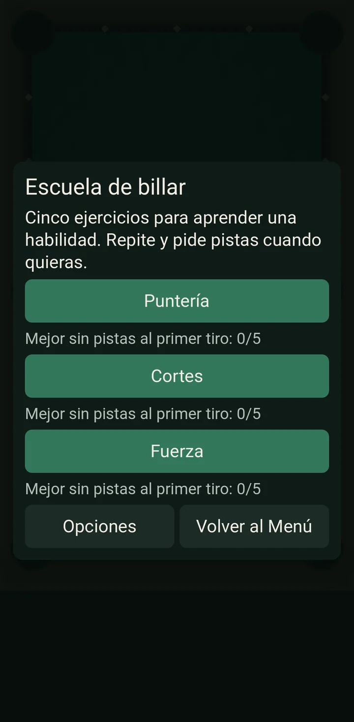 Escuela de billar con los cursos de puntería, cortes y fuerza