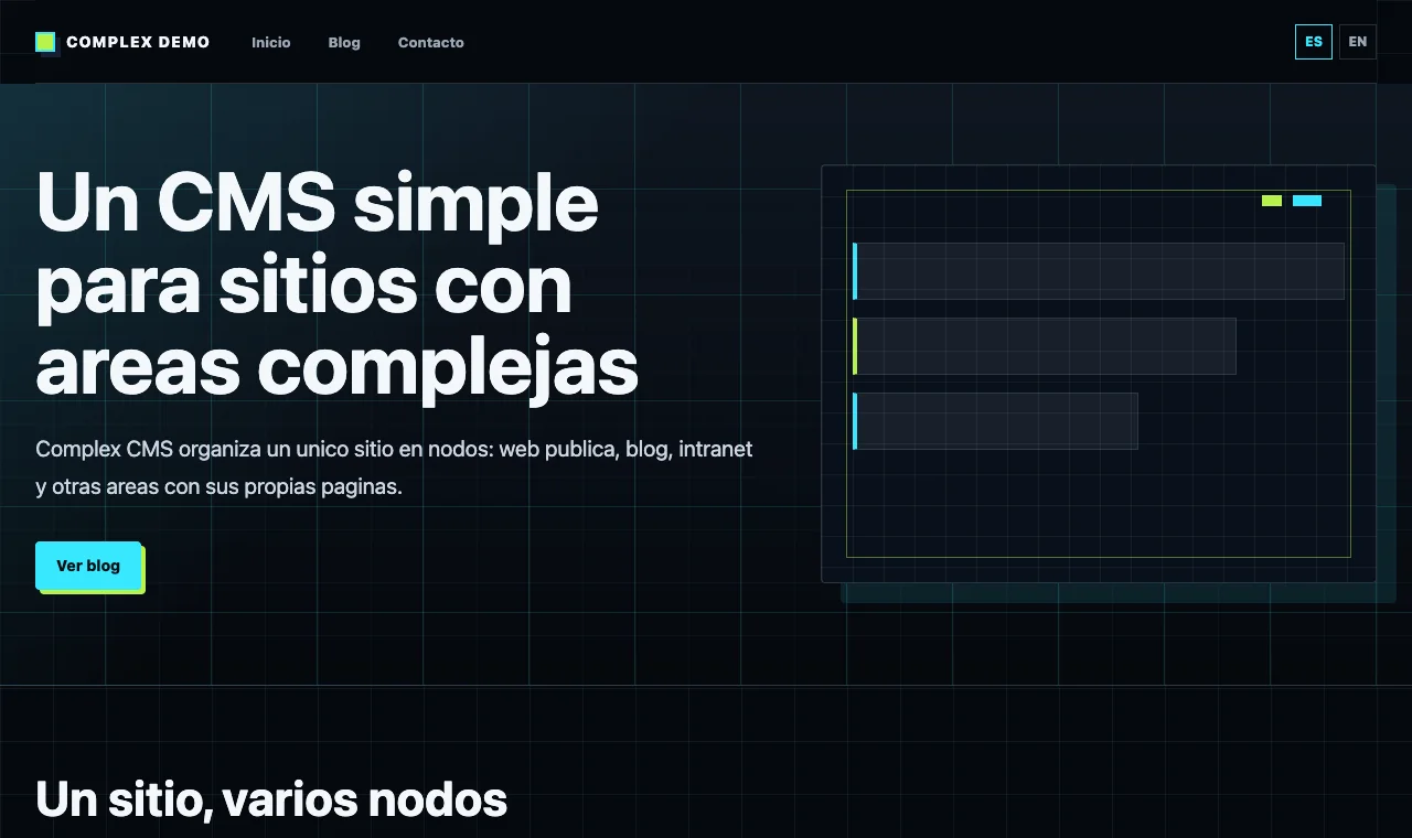 Web de demostración de Complex CMS con varias áreas del sitio