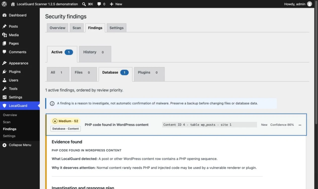 Résultats de base de données dans LocalGuard Scanner 1.2.5 avec onglets par source et plan d’enquête guidé