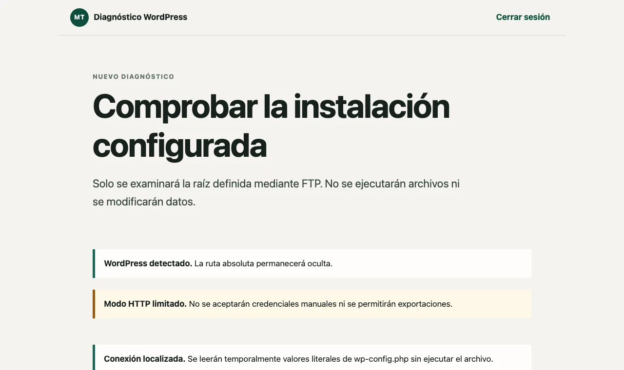Herramienta de diagnóstico confirmando una instalación WordPress antes del análisis