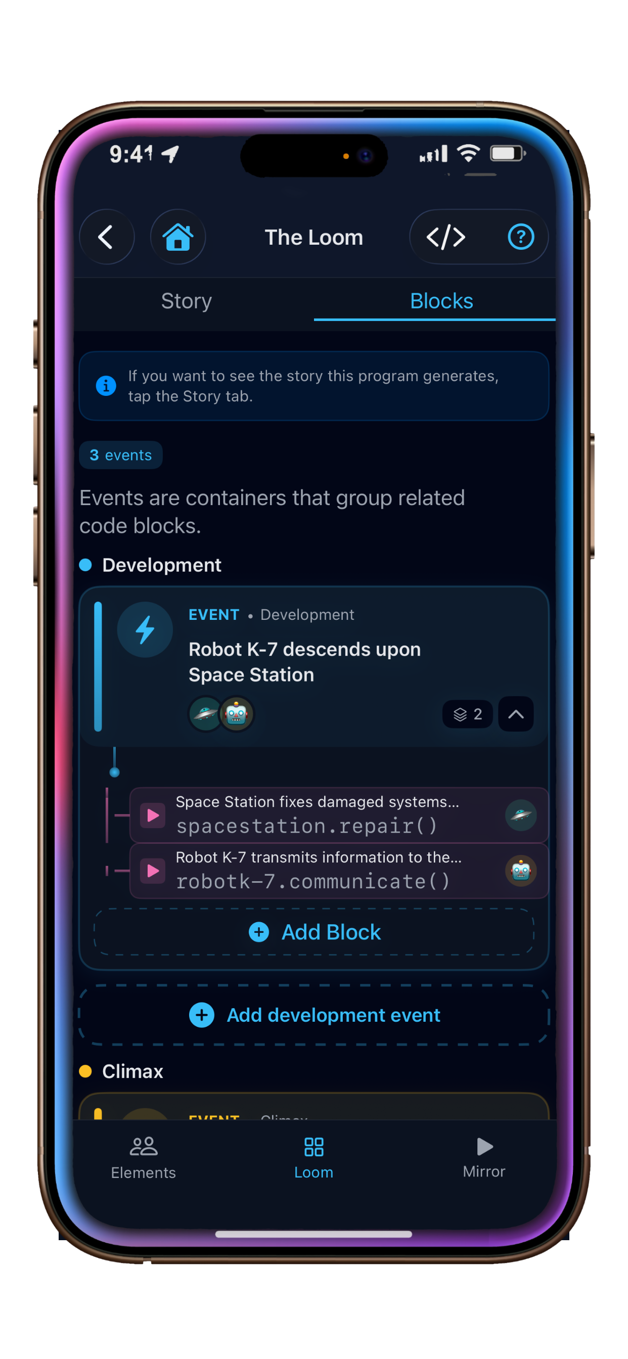 Blocks screen with events and actions