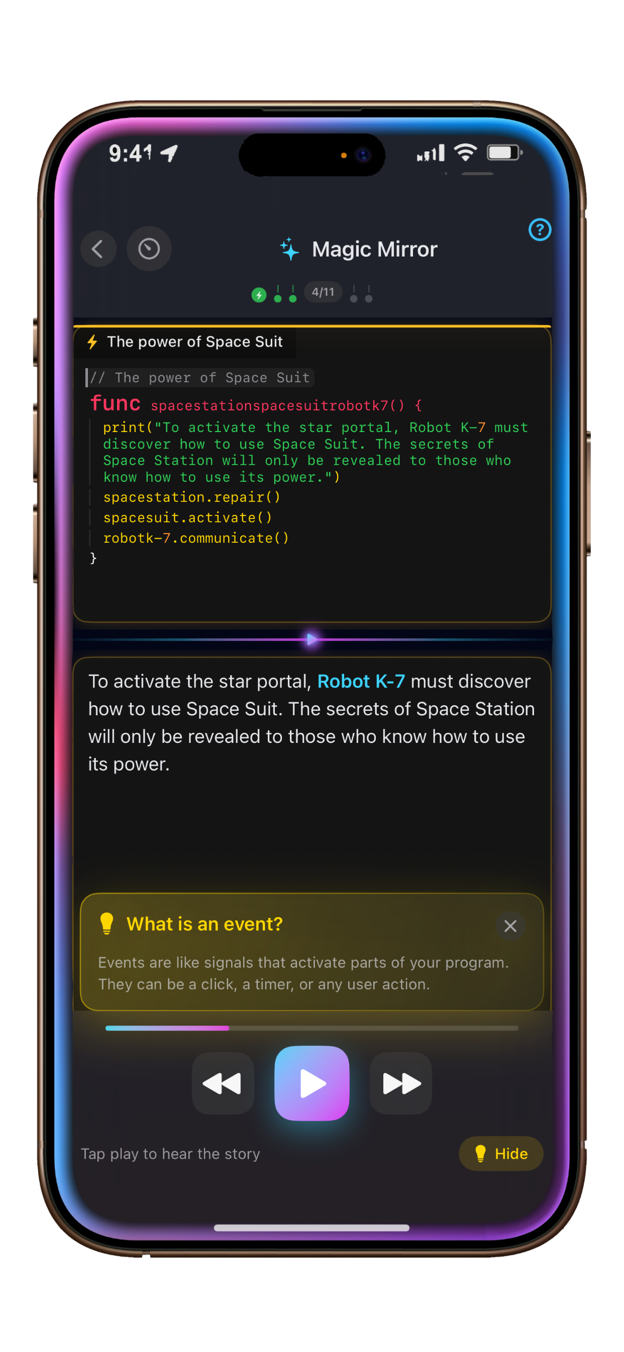 Magic Mirror showing code and story explanation
