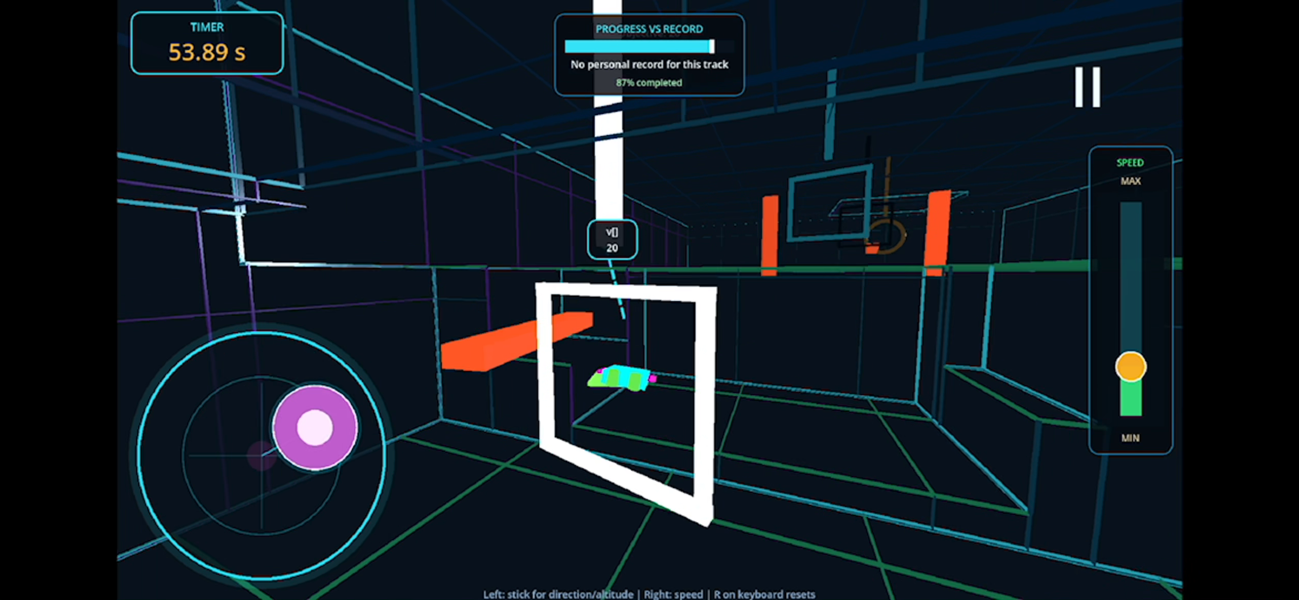Gyroloop drone turning through a circuit with timer and progress HUD