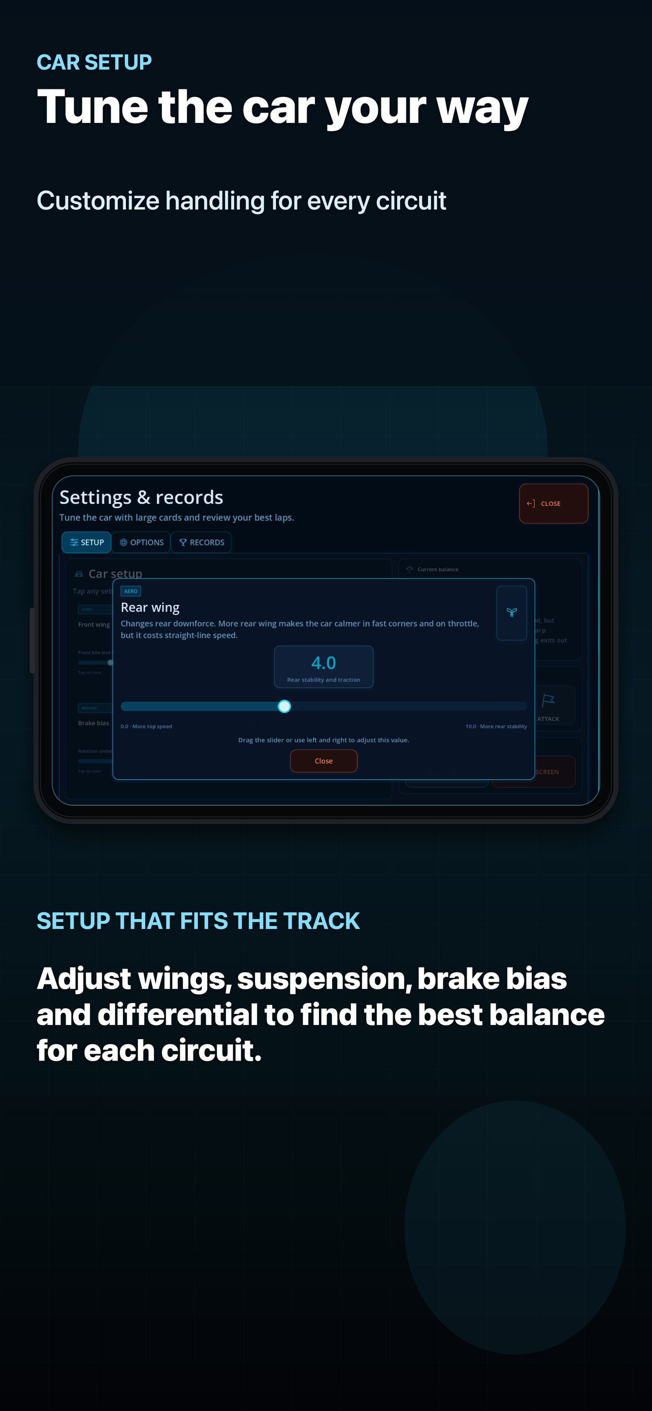 PolyCar Lab iPhone screenshot showing car setup controls