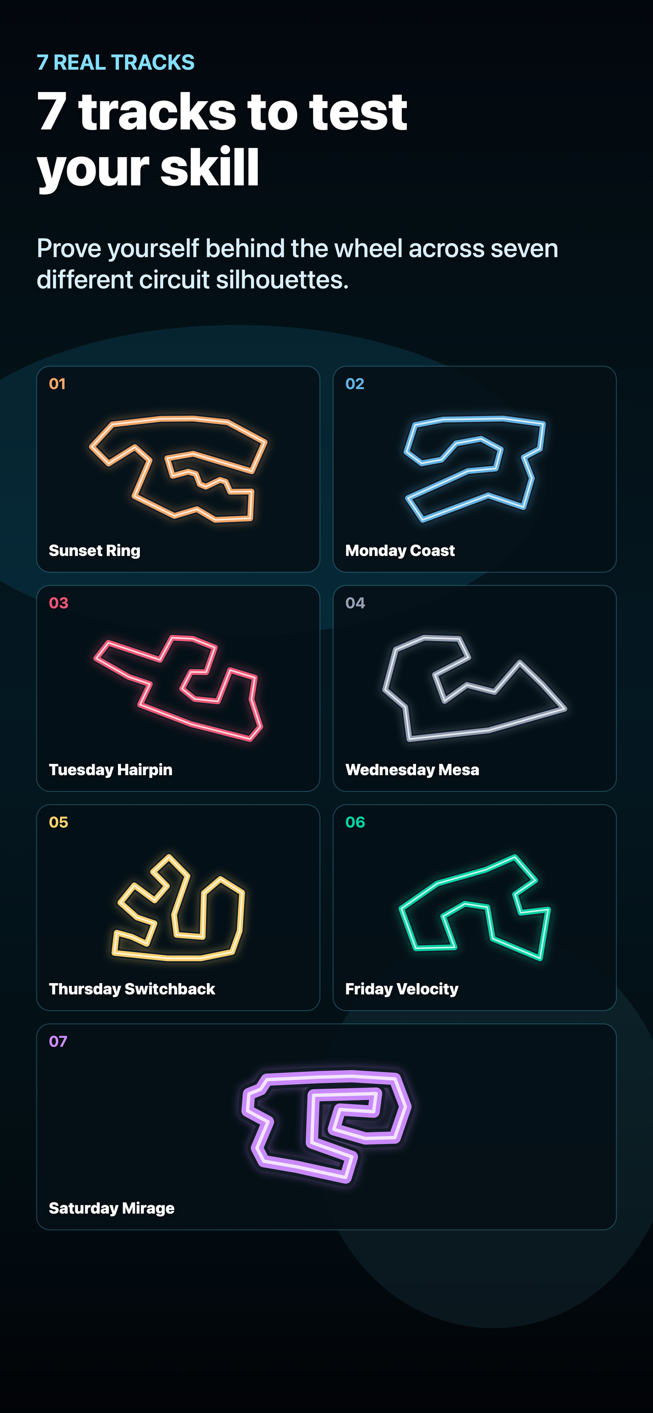 PolyCar Lab iPhone screenshot showing seven available circuits