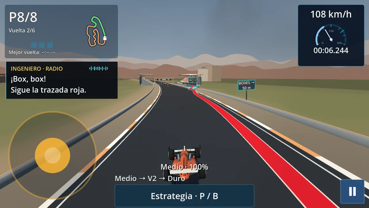 El ingeniero avisa de la parada y una trazada roja guía la entrada al carril de boxes