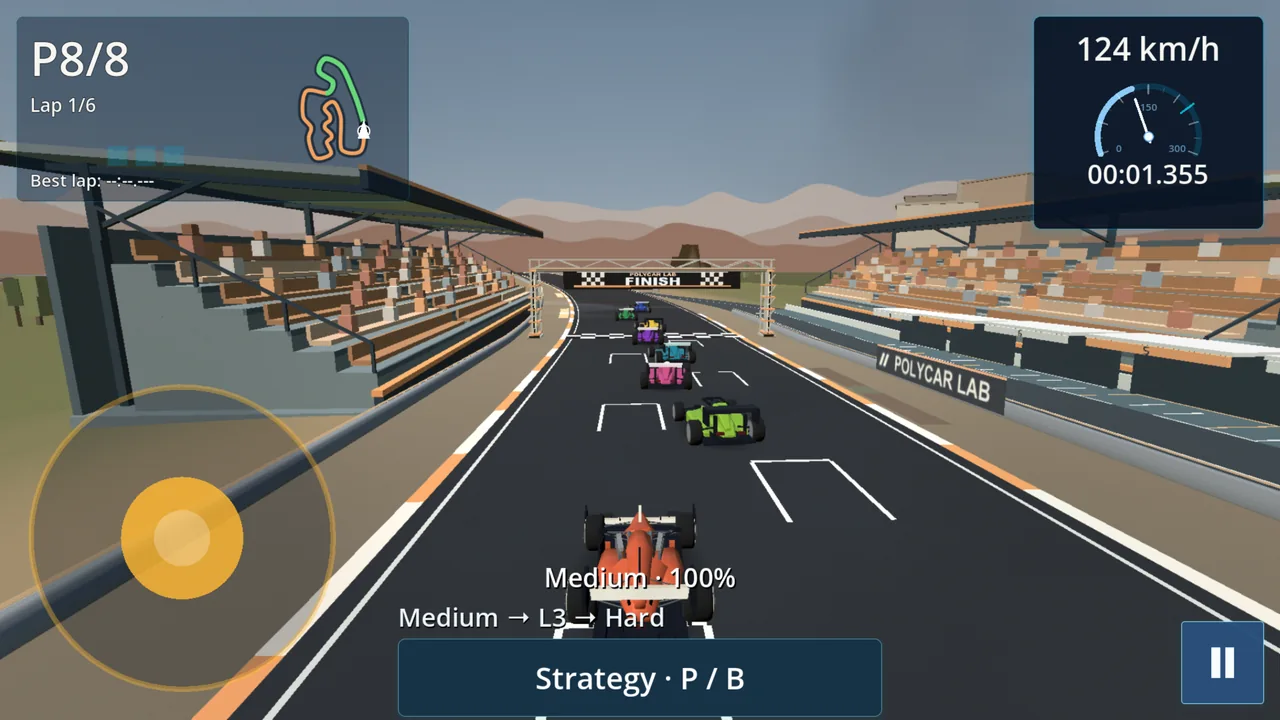 Race against seven rivals with race position and tyre condition on screen
