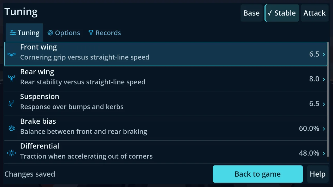 Car setup controls in the game