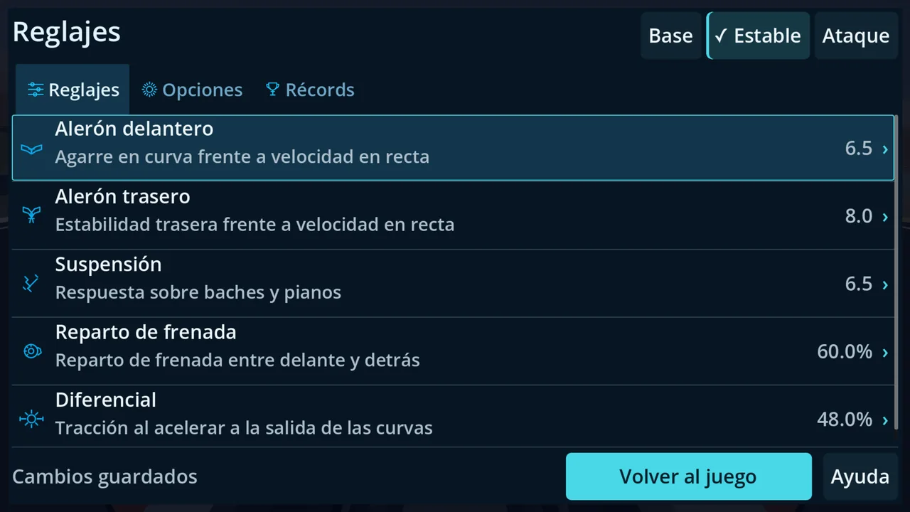 Reglajes del coche dentro del juego