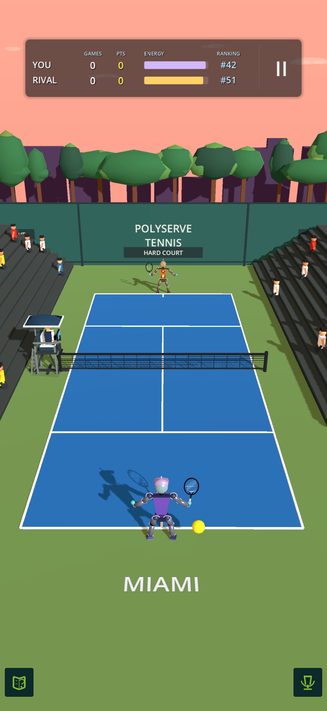 RoboCourt Tennis player preparing to serve on a hard court