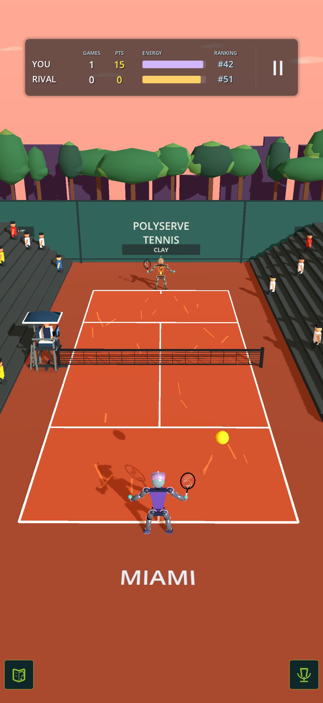 RoboCourt Tennis serve toss on clay court with English score UI