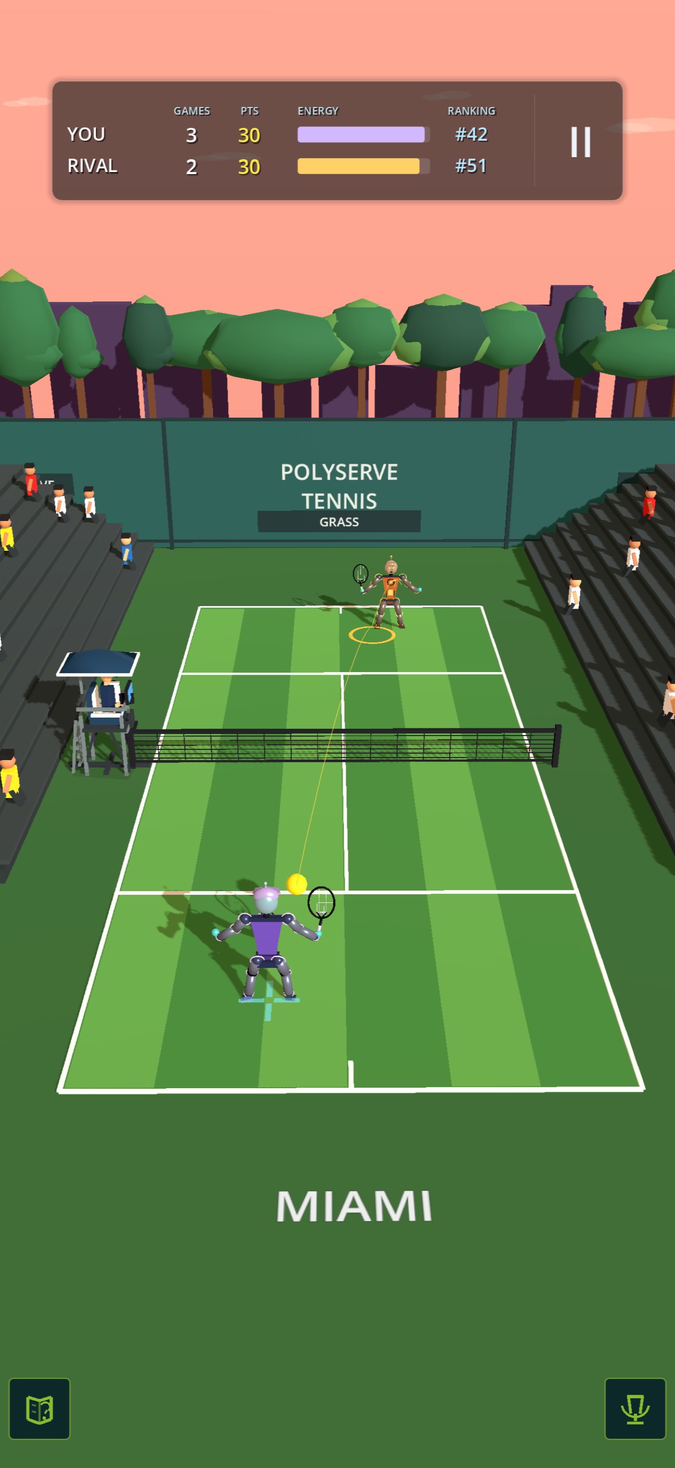 RoboCourt Tennis rally gameplay on a grass court with English HUD